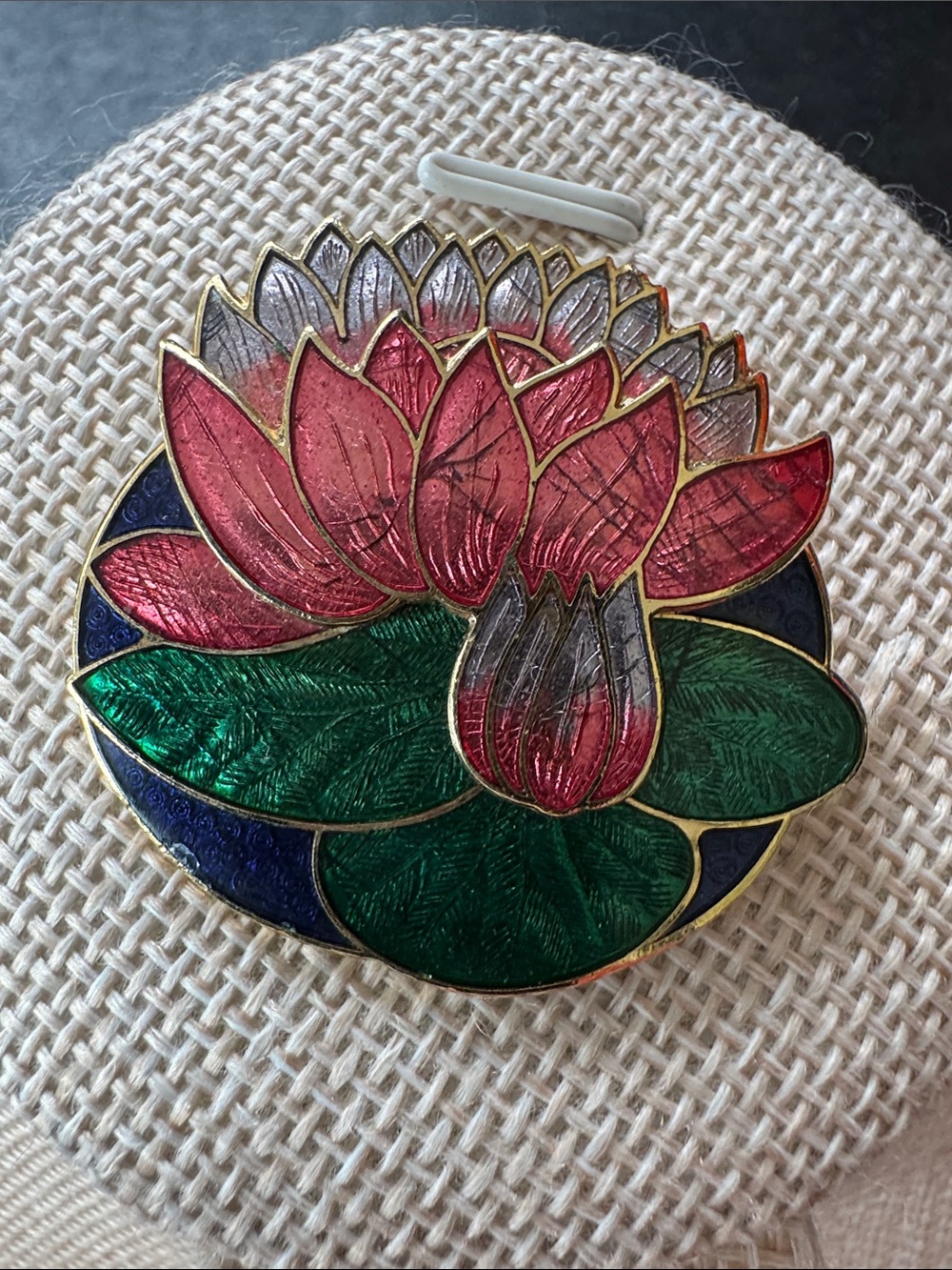 VTG Cloisonne Enamel Lotus Flower Brooch Pin Gold Tone Mid Century Asian Revival